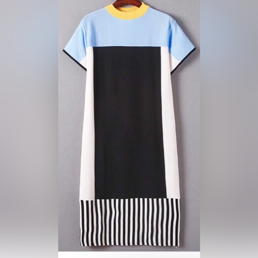 Black White Yellow & Baby Blue Color Block Knit Shift Dress